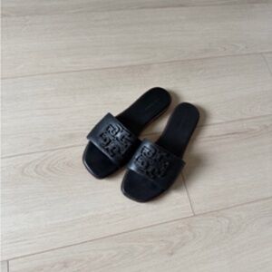 Women's Black Slide Mules with Decorative Embossed Strap